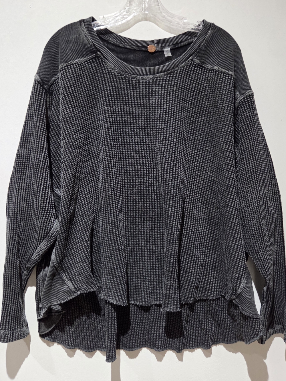 Free People Washed Charcoal Waffle Knit Long Sleeve Top